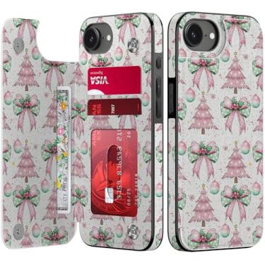 Imagem de Goodon Capa carteira para iPhone 16e com porta-cartão, bloqueio RFID, capa feminina floral vintage estética, capa protetora retrô moderna exclusiva para mulheres e meninas - rosa Christmas Cheer
