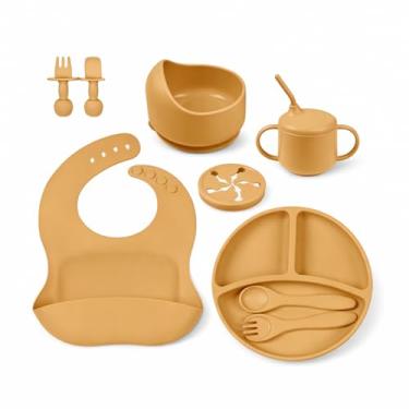 Imagem de Kit de Alimentação para Bebê 8 Peças em Silicone Livre de BPA, com Ventosa Antiderrapante, Prato Divisório e Babador, Presente para Introdução Alimentar(Amarelo)
