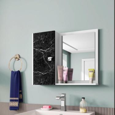 Imagem de Espelheira Gênova Para Banheiro Com Porta E 6 Nichos E Prateleira Branco-nero