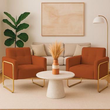 Imagem de Poltrona Sala Industrial Alta Tubo Dourado Kit 2 Elisa Bouclê Terra D03 - D'rossi