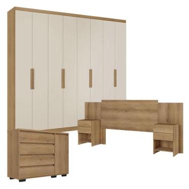 Imagem de Guarda Roupa Casal Milan 8 Portas Capuccino Off White Com Cômoda Com Porta Aurora E Cabeceira Formosa Capuccino - Thb