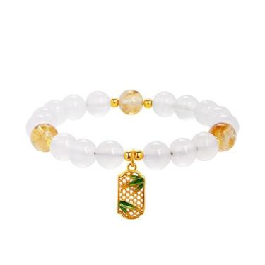 Imagem de Pulseira: Calcedônia branca e miçangas de citrino amarelas, prata 999 