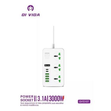 Imagem de Filtro de Linha Extensão 3 Tomadas 4 USB 2 Tipo C 3000W - OI VIDA