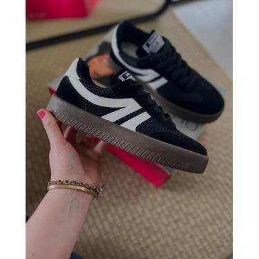 Imagem de 4722 Tênis Feminino Sua Cia Sneaker Preto com Telinha e Faixa Branca, 