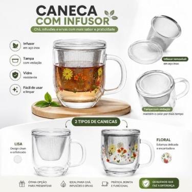 Imagem de Caneca de Vidro com Infusor e Tampa para Chá Ervas e Infusões Modelo L