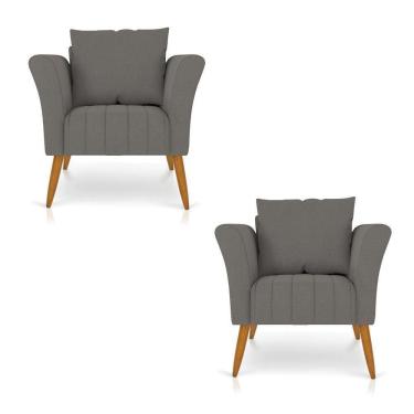 Imagem de Kit 02 Poltronas Marilia Linho Grafite A26 Pés Palito Castanho - D`rossi