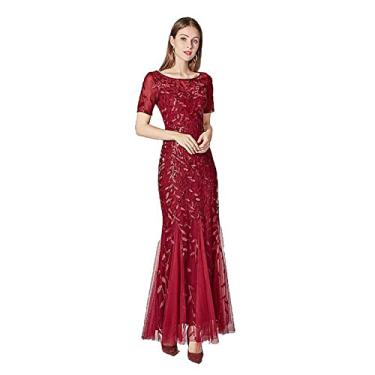 Imagem de Vestidos de verão para mulheres, vestido de noite feminino fino malha lantejoulas vestido sereia manga curta saia de gola redonda, vermelho, G