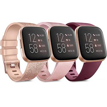 Imagem de Pacote com 3 pulseiras de silicone macio compatíveis com Fitbit Versa ajustáveis para mulheres e homens - pequena, vinho + ouro rosa + rosa brilhante