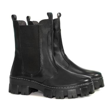 Imagem de Bota Feminina Coturno de Couro Cano Alto Elástico Sola Tratorado Cor-Feminino