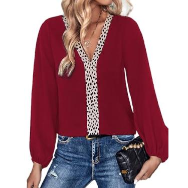 Imagem de EGRETLAC Blusas femininas de manga comprida com decote em V, blusa de chiffon, estampa de leopardo, camisas de trabalho, casual, túnica solta, Vinho tinto, P