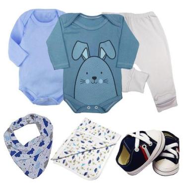 Imagem de Kit Bebê 6 Peças Body Longo Mijão Sapatinho Bandana e Cueiro - Koala B
