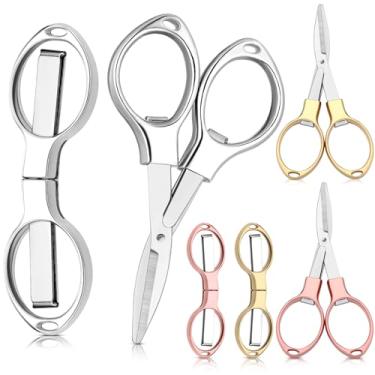 Imagem de Tatuo 6 tesouras dobráveis portáteis de viagem para bolso, mini tesoura de carretel de crachá, pequeno cortador retrátil afiado de aço inoxidável para acessórios de enfermeira, artesanato, costura