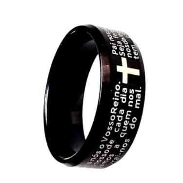 Imagem de Aliança Reza Pai Nosso Oração 6mm Preta Letras Brancas Anel Cristão Tr