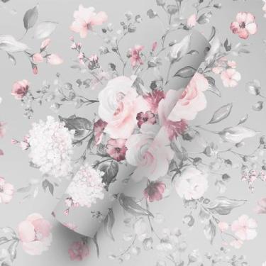 Imagem de Papel de Parede Adesivo Tema Floral Rosa E Cinza - BAZAR DOS QUADROS, 