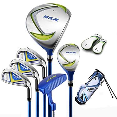 Imagem de PGM Conjunto completo de taco de golfe júnior inclui motorista, híbrido, 7, 9, ferros de cunha, putter, bolsa de suporte destro para crianças de 6 a 8 anos, 6 peças de tacos de golfe juvenis com 2