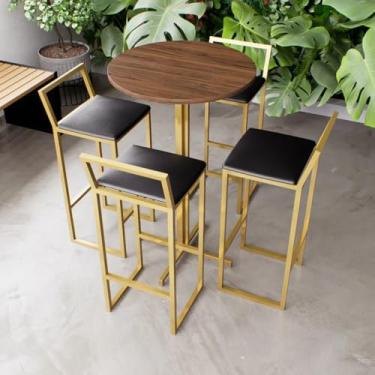 Imagem de Jogo Mesa Alta Bistrô Redonda Imbuia 4 Banquetas Estofado Confort Industrial Dourado
