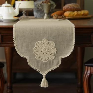 Imagem de Artbloss Caminho De Mesa Em Macramê, Estilo Fazenda, Cômoda Rústica, Cachecol, Crochê, Feito À Mão, Algodão, Renda, Guardanapo Com Borla Para Cozinha, Jantar, Café, Lareira Ao Ar Livre (Bege, 14 X 4