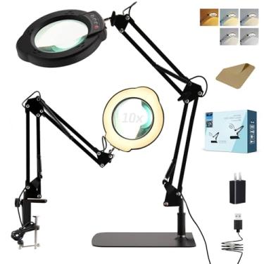 Imagem de Jisfigtrh Lupa 10X Com Luz E Suporte, 5 Modos De Cor, Luminária Mesa Iluminação Led Regulável Continuamente, Braçadeira Para Lâmpada Magnética Viva-Voz Artesanato, Hobby, Pintura, Costura, Trabalho