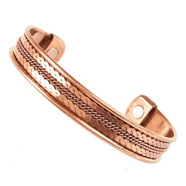 Imagem de INDTRESOR Pulseira magnética de cobre estilo tibetano. Forjada à mão com cobre puro sólido e de alto calibre. Embutimento de latão delicado.