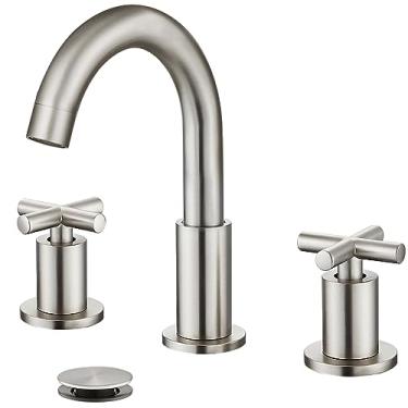 Imagem de gotonovo Torneira de pia de banheiro com 3 furos e 2 alças com ralo pop-up com válvulas misturadoras quentes e frias, torneira de banheiro de 20 cm, bico de pescoço de ganso e alças cruzadas níquel escovado