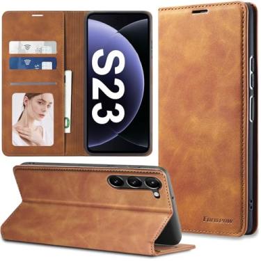 Imagem de Qissy Capa flip de couro para Samsung Galaxy S23 com proteção de dobradiça, capa carteira magnética fina S23 [porta-cartão], proteção total à prova de choque para Samsung S23 5g (marrom)