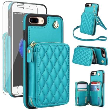 Imagem de Capa de celular para iPhone 7plus 8plus 7/8 Plus capa de celular com protetor de tela de vidro temperado alça transversal de pulso com bloqueio de RFID compartimento para cartão i Phone7s 7s + 7+ 8s 8