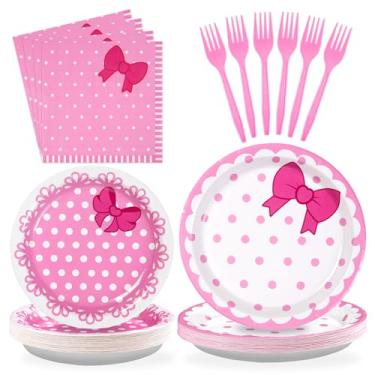 Imagem de Grencian 96 peças de decorações de festa de gato rosa laço rosa pratos e guardanapos descartáveis gatos fofos conjunto de talheres de papel para meninas, bebê, chá de panela, aniversário, festa de