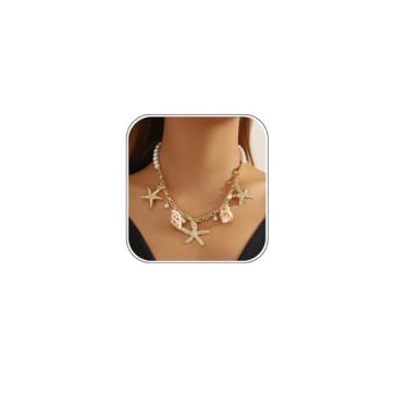 Imagem de Meztole Colar de estrelas do mar douradas, colar de estrela-do-mar para mulheres, grosso, estrela-do-mar, verão, praia, concha e charme, joias costeiras para mulheres, acessórios de verão e oceano