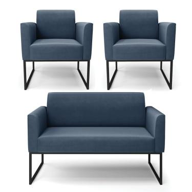 Imagem de Sofá Namoradeira Com 2 Poltronas Base Industrial Preto Marisa Suede Cor Azul Marinho