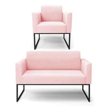 Imagem de Sofá Namoradeira Com Poltrona Base Industrial Preto Marisa Suede Rosa Bebê