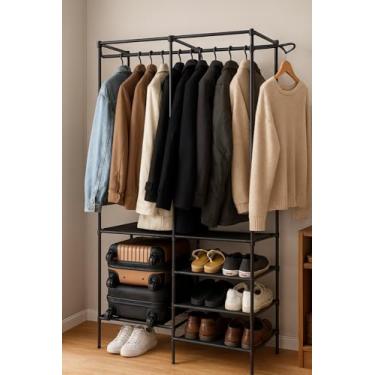 Imagem de Arara de Roupas Preta Dupla Cabideiro Metálico Ajustável com Sapateira Estante Prateleira Removível Guarda Roupa Solteiro Casal Closet Industrial Organizador Quarto