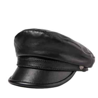 Imagem de Chapéus masculinos/femininos militares para estudantes unissex lazer couro genuíno motociclista bonés planos, Preto, 57 58 CM