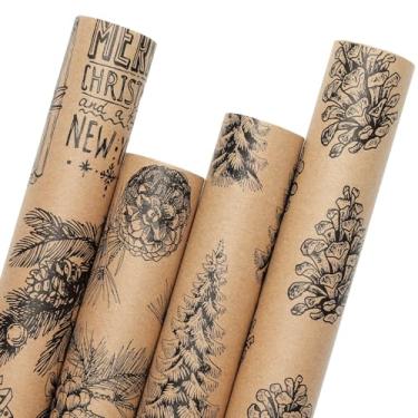 Imagem de YANGTE Rolos de papel de embrulho vintage de Natal, papel de embrulho kraft marrom e preto com barbante e cartões comemorativos, rolos de papel de embrulho de Natal, 43 x 304 cm por rolo, 4 rolos