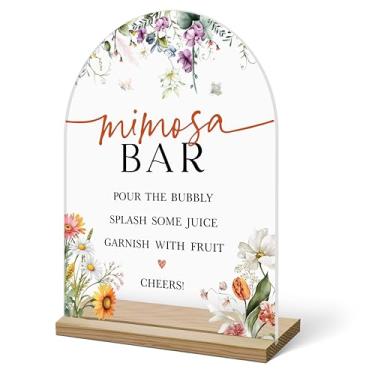 Imagem de Placa de bar Mimosa para mesa, flores silvestres acrílico Mimosa Bar com suprimentos de base para chá de bebê, chá de panela, decorações para festa de casamento, despedida de solteira, suporte de