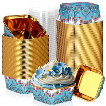 Imagem de Vesici 100 peças de mini copos quadrados para assar com tampas, mini formas de bolo descartáveis à prova de gordura para brownies, muffins, sobremesas, formas de cupcake adequadas para festas de