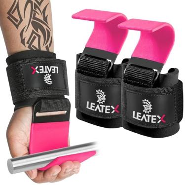 Imagem de Leatex Ganchos de levantamento de peso, alças de pulso, suporte de mão para levantamento terra, flexões, encolheres, alças de levantamento de peso para homens e mulheres (rosa)