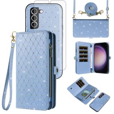 Imagem de Capa de celular para Samsung Galaxy S23 5G Carteira com zíper destacável com protetor de tela de vidro temperado, alça flip com glitter, compartimento para cartão S 23 23S GS23 G5 SM-S911U 15.5 cm