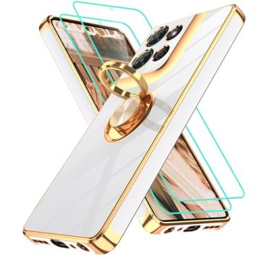 Imagem de Gritup Capa para Motorola Moto G Power 5G 2025: 2 peças de protetor de tela, suporte magnético de rotação de 360°, suporte magnético com borda dourada, branca