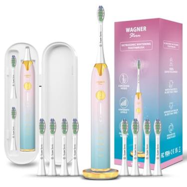 Imagem de Escova de dentes de clareamento ultrassônico Wagner & Stern com sensor de pressão. 5 modos de escovação e 4 níveis de intensidade com controle deslizante 3D, 8 cerdas Dupont, capa de viagem premium.