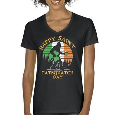 Imagem de Camiseta feminina Happy Saint Patsquatch Day gola V divertida Dia de São Patrício Pé Grande Sasquatch Shamrock Beer Shenanigans, Preto, XXG