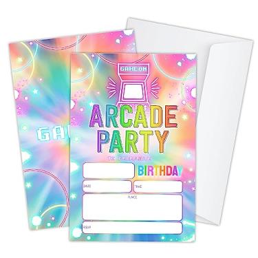 Imagem de Convites de festa Arcade luz neon para crianças, cartões de convite de aniversário de videogame infantil, convites de aniversário para meninos adolescentes, suprimentos de decoração de lembrancinhas
