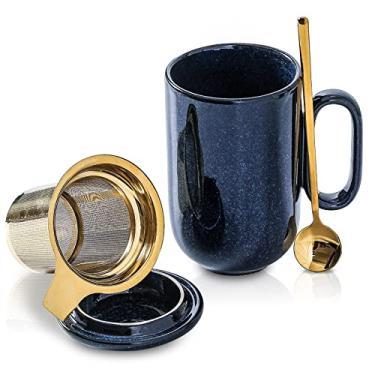 Imagem de Infusor de caneca de chá de cerâmica - VICRAYS Grande 473 g Alça de infusão quente solta xícara de chá com tampa de colher de infusor de folhas - Caneca de café com coador de vidro alto azul seguro