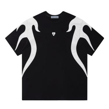 Imagem de Aelfric Eden Camisetas masculinas grandes de manga curta unissex estampada vintage cor contrastante camiseta verão patchwork tops, Preto + branco, GG