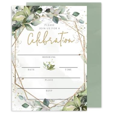 Imagem de Whaline 25 conjuntos de convites de vegetação com envelopes adesivos aquarela folhas de eucalipto cartões de convite folhas verdes convites em branco para casamento, chá de bebê, aniversário, 12 x 18