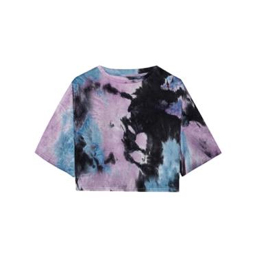 Imagem de SOFIA'S CHOICE Camiseta feminina de manga curta tie dye cropped gola redonda verão casual, Roxo, preto, M