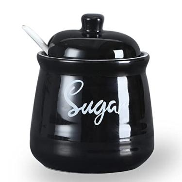 Imagem de HAOTOP Açucareiro de porcelana Farmhouse com tampa e colher 340 g, fácil de limpar (preto)