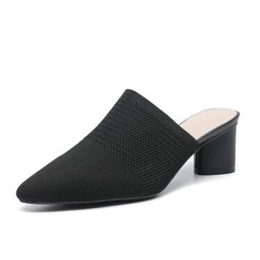 Imagem de NourIron Sandália feminina de malha fechada bico fino salto grosso mules moda malha respirável salto baixo sandália confortável slip on vestido festa sapatos, Preto, 35