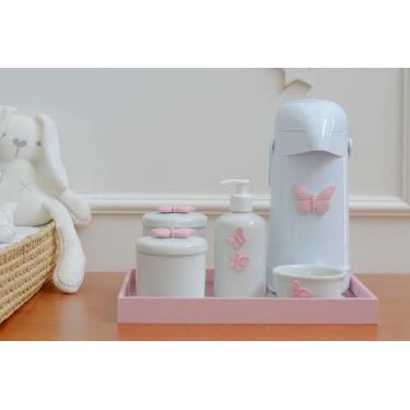 Imagem de Kit Higiene Bebê Porcelana Térmica Bandeja Banho Quarto Menina K081 Bo