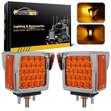 Imagem de Partsam 2 peças de luzes de estacionamento de pedestal de reboque de dupla face com viseiras cromadas, âmbar/âmbar, quadrada, 52 LEDs, para-lama, suporte de para-lama para caminhões, reboques