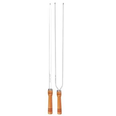 Imagem de Kit Espeto Duplo e Simples 80cm Churrasco Churrasqueira Cabo Madeira M